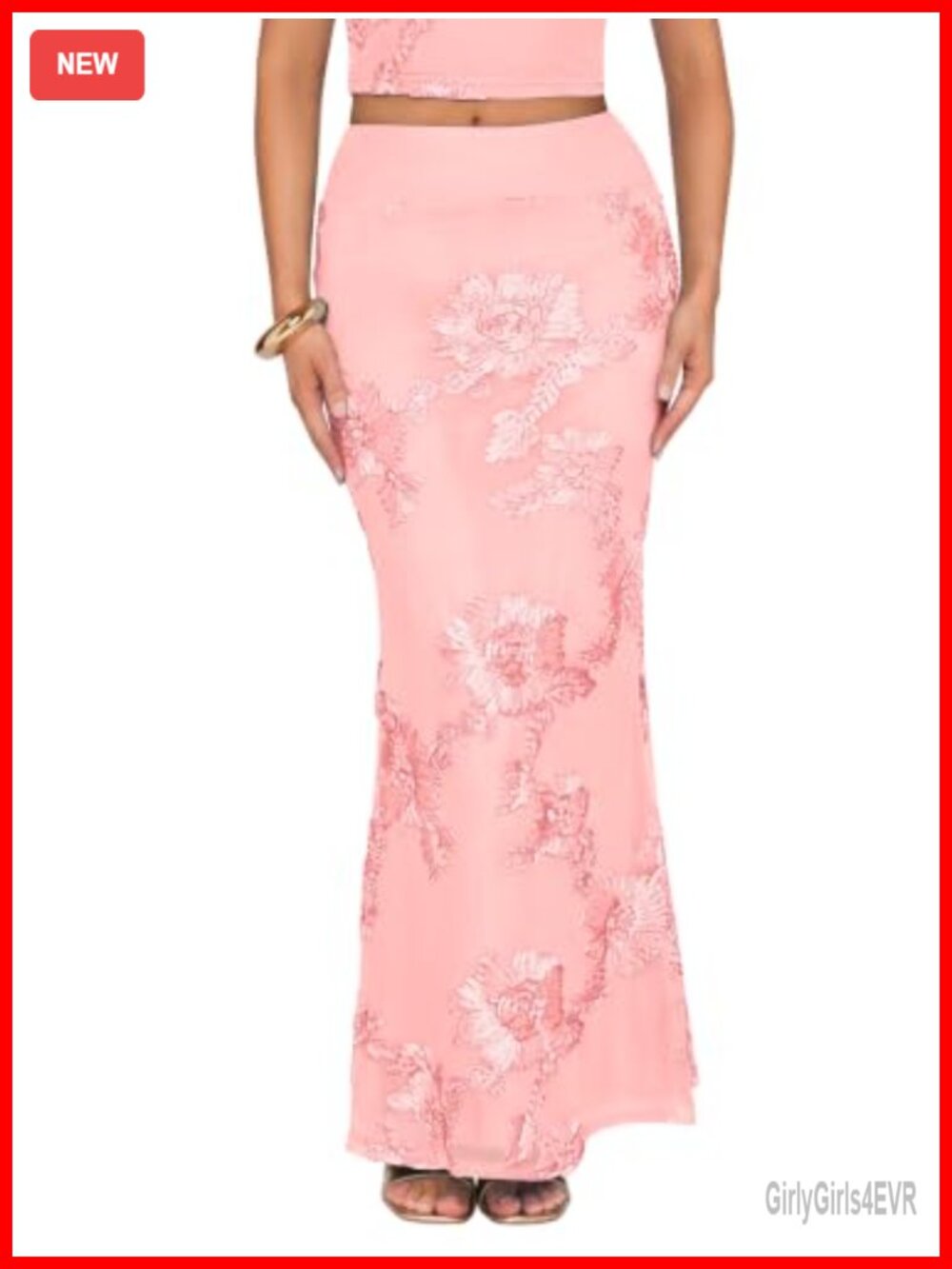 Floral Embroidered Mesh Maxi Skirt High Waist Elastic Formal